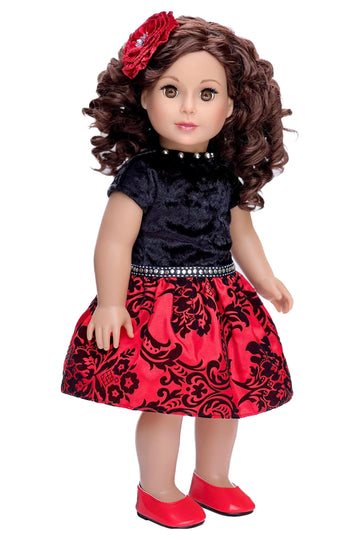 Holiday Spirit - 3 Piece 18 Inch Doll Outfit - Holiday Red Taffeta Party Dress With Red Shoes And Headband - (Doll Not Included)