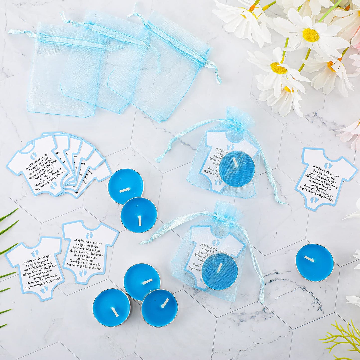 Roowest 50 Sets Baby Shower Gift Candles Favors For Guests Cute Tea Light Candle Decorations With Thank You Cards Organza Bags F