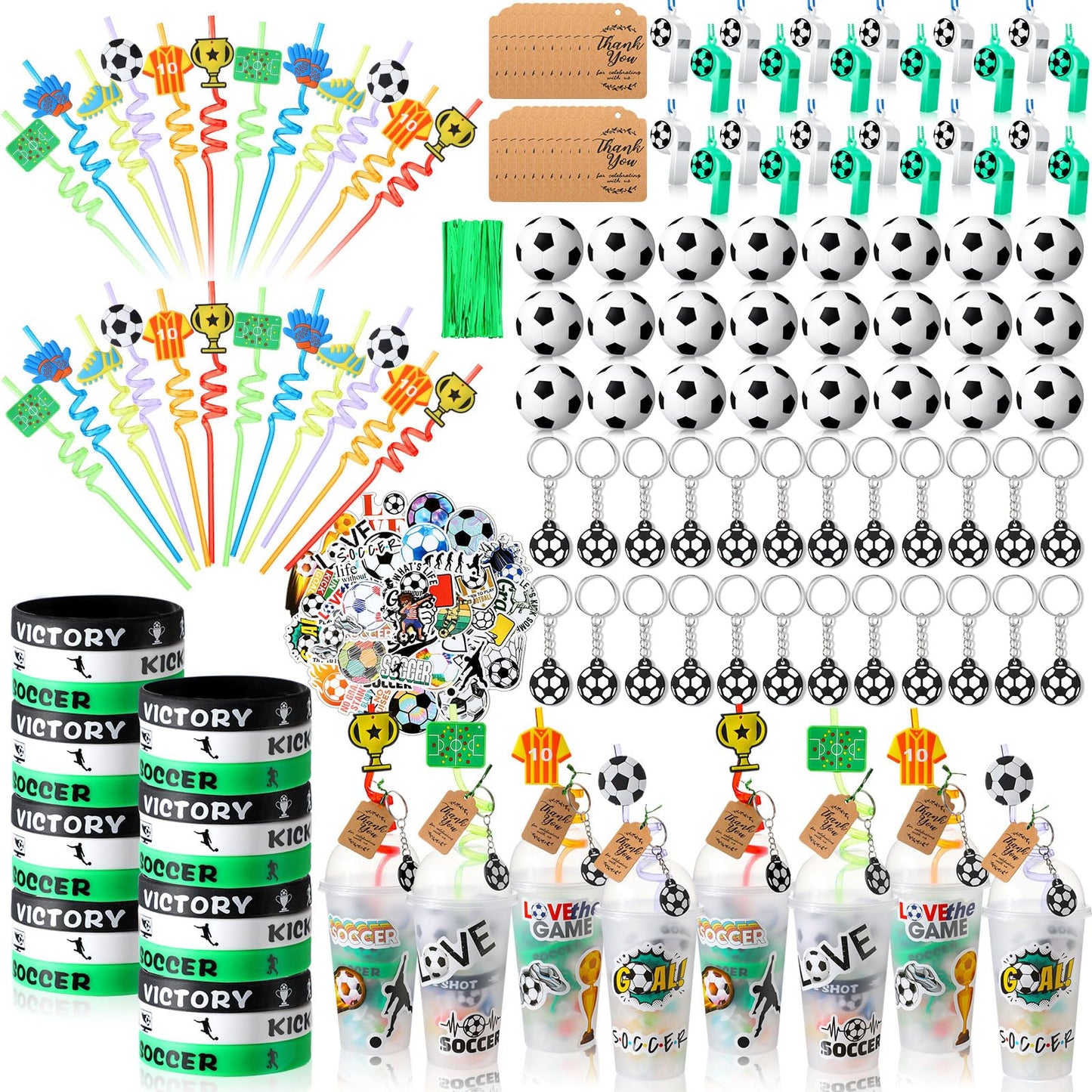 Weysat 268 Pcs Soccer Party Favors Sets for 24 People Birthday Gifts Goody Cups with Straws Key Chains Whistles Silicone Wristba