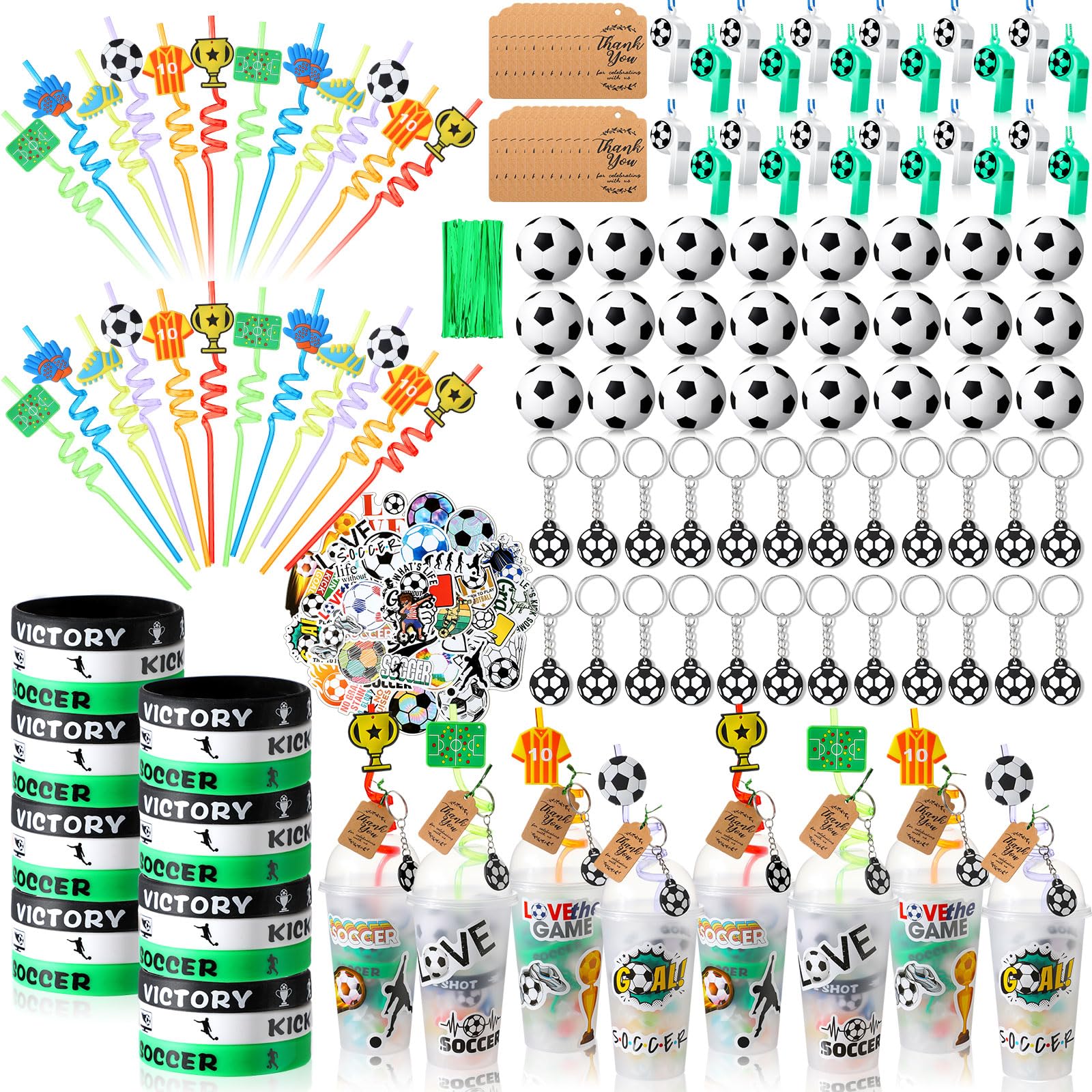 Weysat 268 Pcs Soccer Party Favors Sets for 24 People Birthday Gifts Goody Cups with Straws Key Chains Whistles Silicone Wristba
