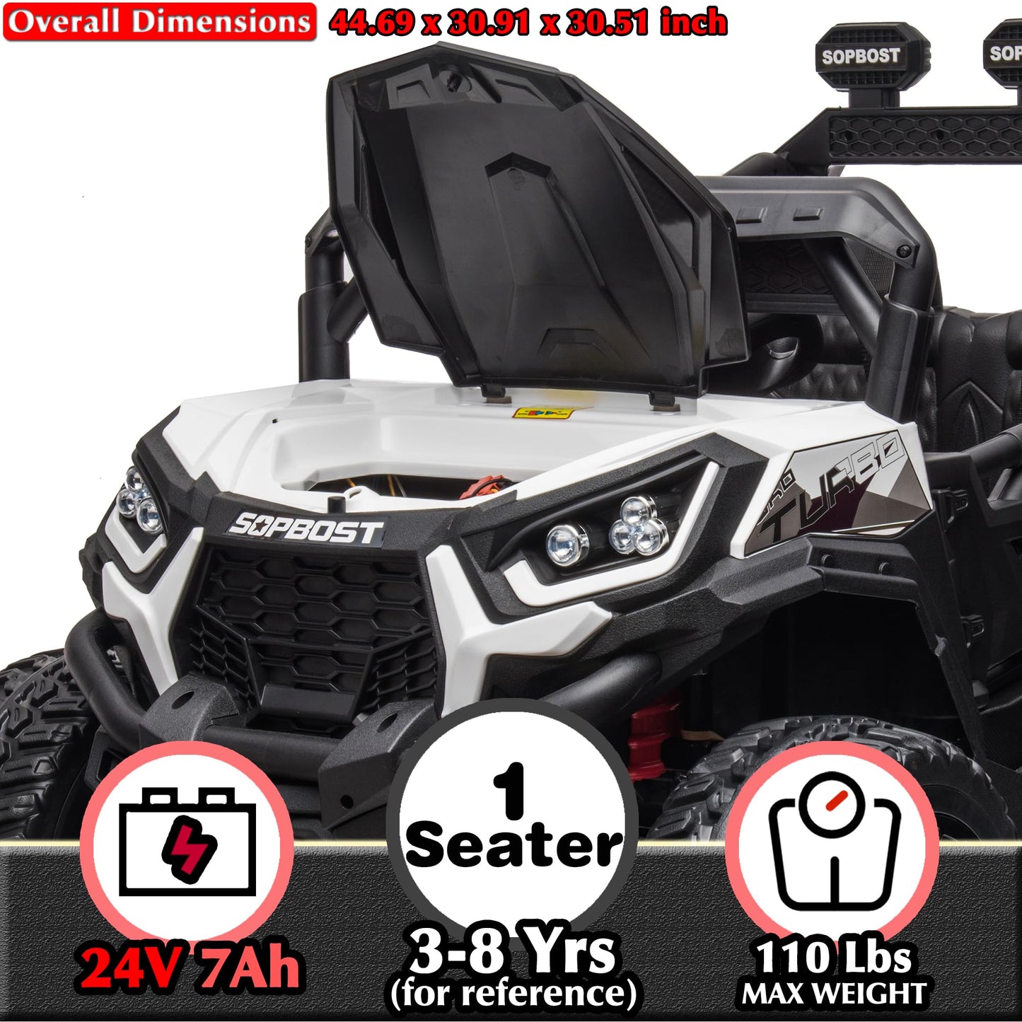 Sopbost 24V 7Ah Ride On Toys For Big Kids Ride On Car With Remote Control Battery Powered 4X4 Electric Vehicle Kids Utv, Eva Tires Wheels, Music Play, White