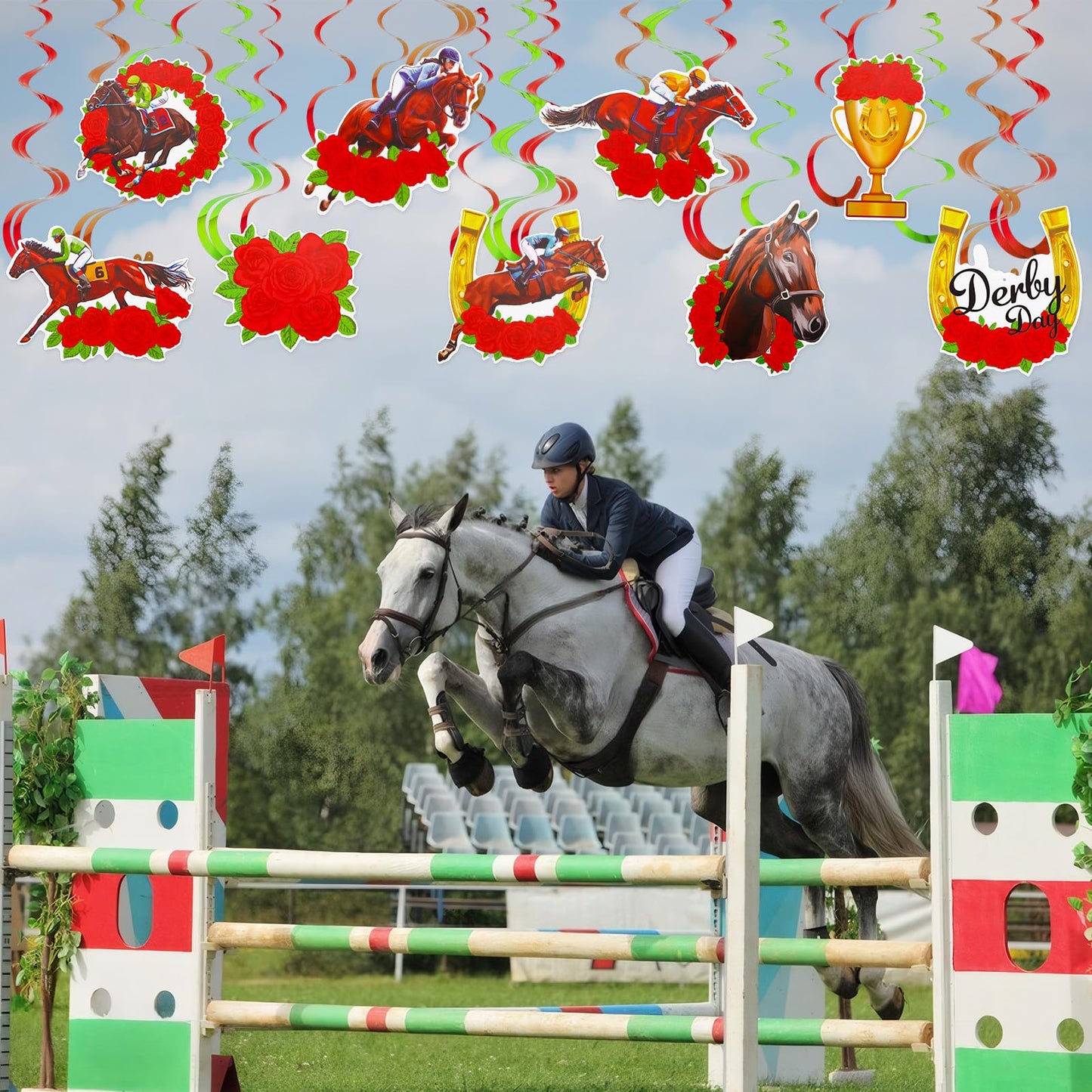 MARFOREVER 48 Pcs Derby Day Decorations Hanging Banner Swirls Derby Horse Decorations Horse Racing Ceiling Streamer Decor Racing