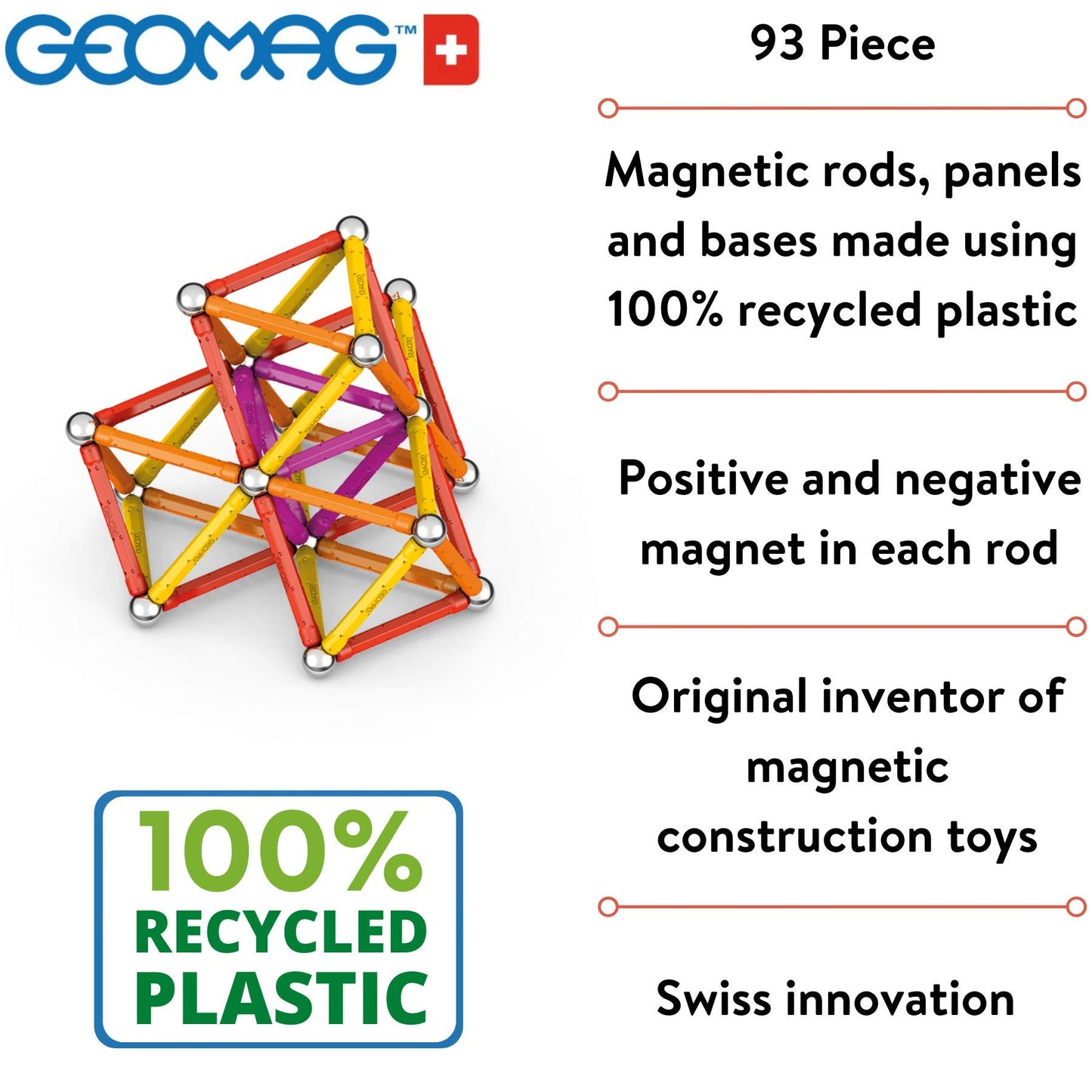 Geomag Magnetic Toys Classics 93-Piece Building Set For Kids Ages 3-99 | Swiss-Made Stem & Steam Authenticated Educational Toy Made From 100% Recycled Plastic | Creative Learning Play