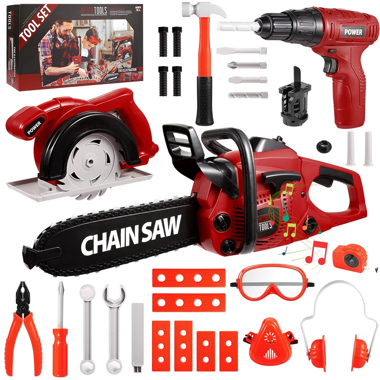 Vextronic Kids Tool Set 36 PCS with Toy Chainsaw Electronic Toy Drill with Sound and Light, Pretend Play Kids Tool Box Construct