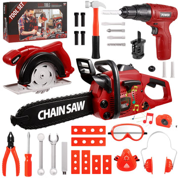 Vextronic Kids Tool Set 36 PCS with Toy Chainsaw Electronic Toy Drill with Sound and Light, Pretend Play Kids Tool Box Construct