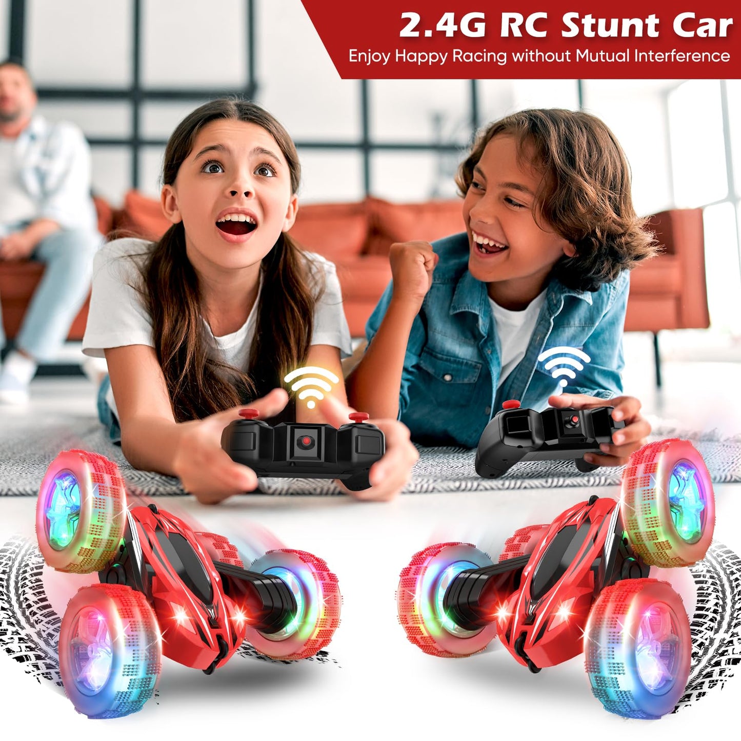 Qumcou Remote Control Car,RC Cars Toys for Boys,2.4Ghz High Speed Kids Toys Cars with Headlights and Wheel Lights,Christmas Birt