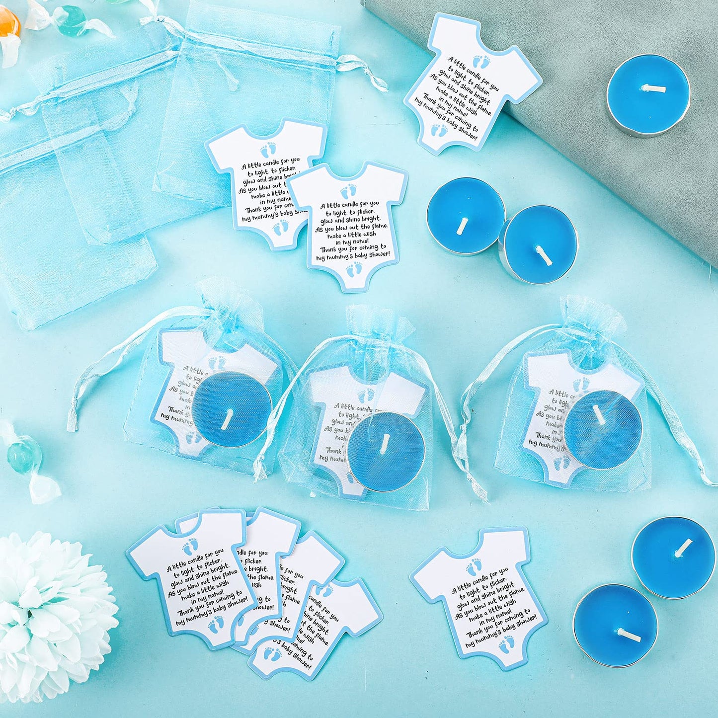 Roowest 50 Sets Baby Shower Gift Candles Favors For Guests Cute Tea Light Candle Decorations With Thank You Cards Organza Bags F
