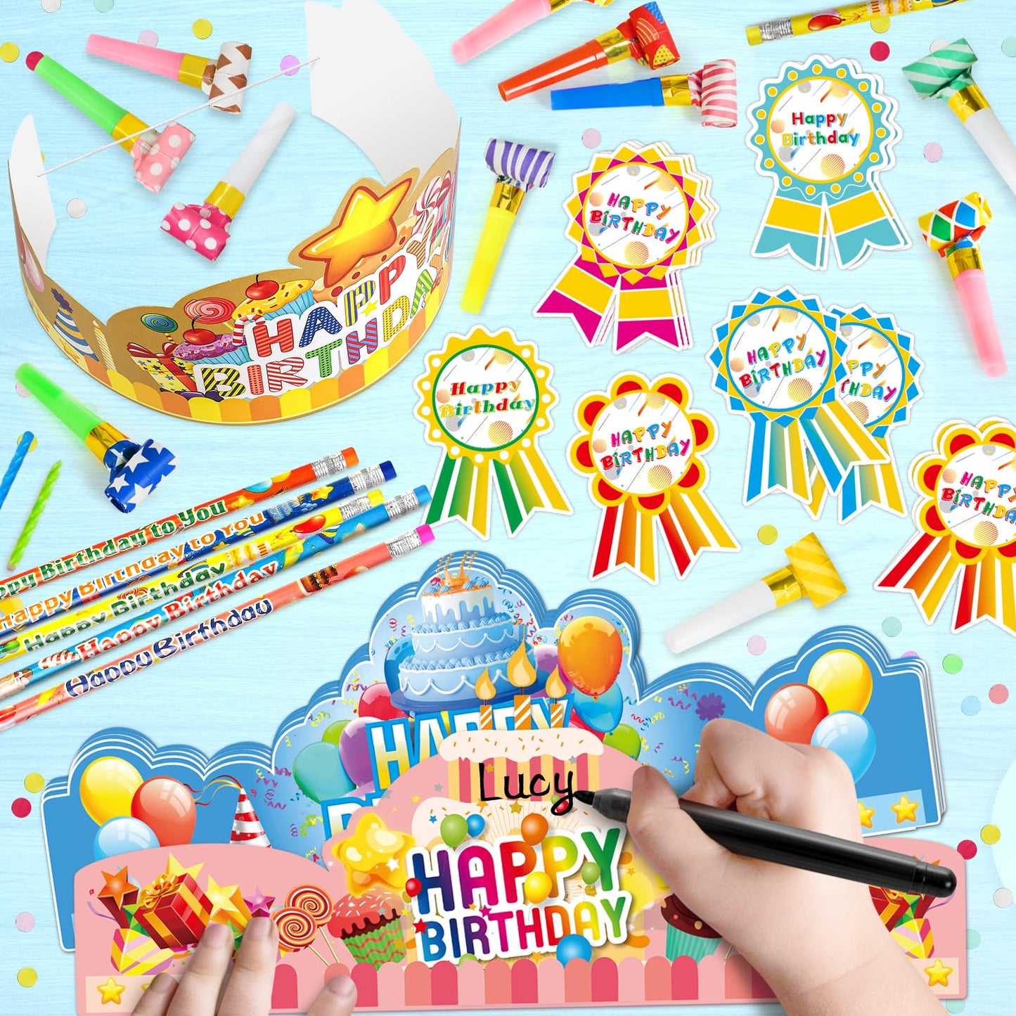 150 Pcs Happy Birthday Kits for Kids Classroom, Include Crowns, Silicone Stretches, Toy Whistles, Badge Stickers, Students Kinde