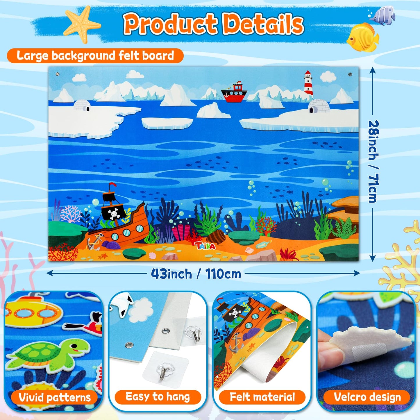 Taika 70 Pcs Ocean Felt Story Board Set, 43x28 inch Interactive Felt Board, Fuzzy Flannel Board, Preschool Storytelling, Classro