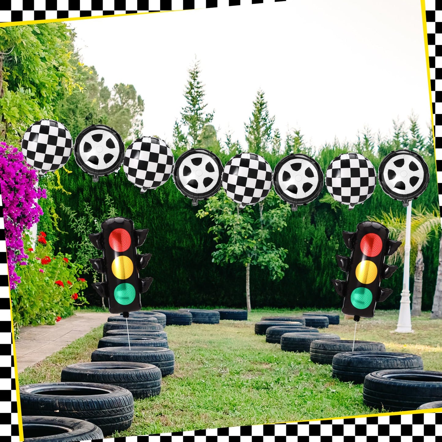 Charnoel 22 Pcs Race Car Balloons Inflatable Traffic Light, Foil Checkered and Tire Balloons, Transportation Decor for Construct