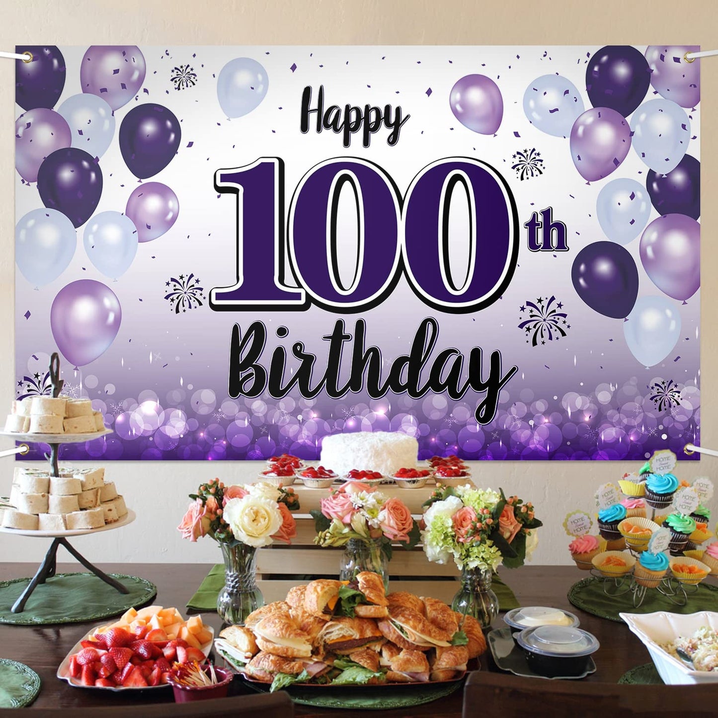 LASKYER Happy 17th Birthday Decorations,17th Purple Balloon Large Birthday Banner Backdrop Sign,Cheers to Seventeen Years Old Bd
