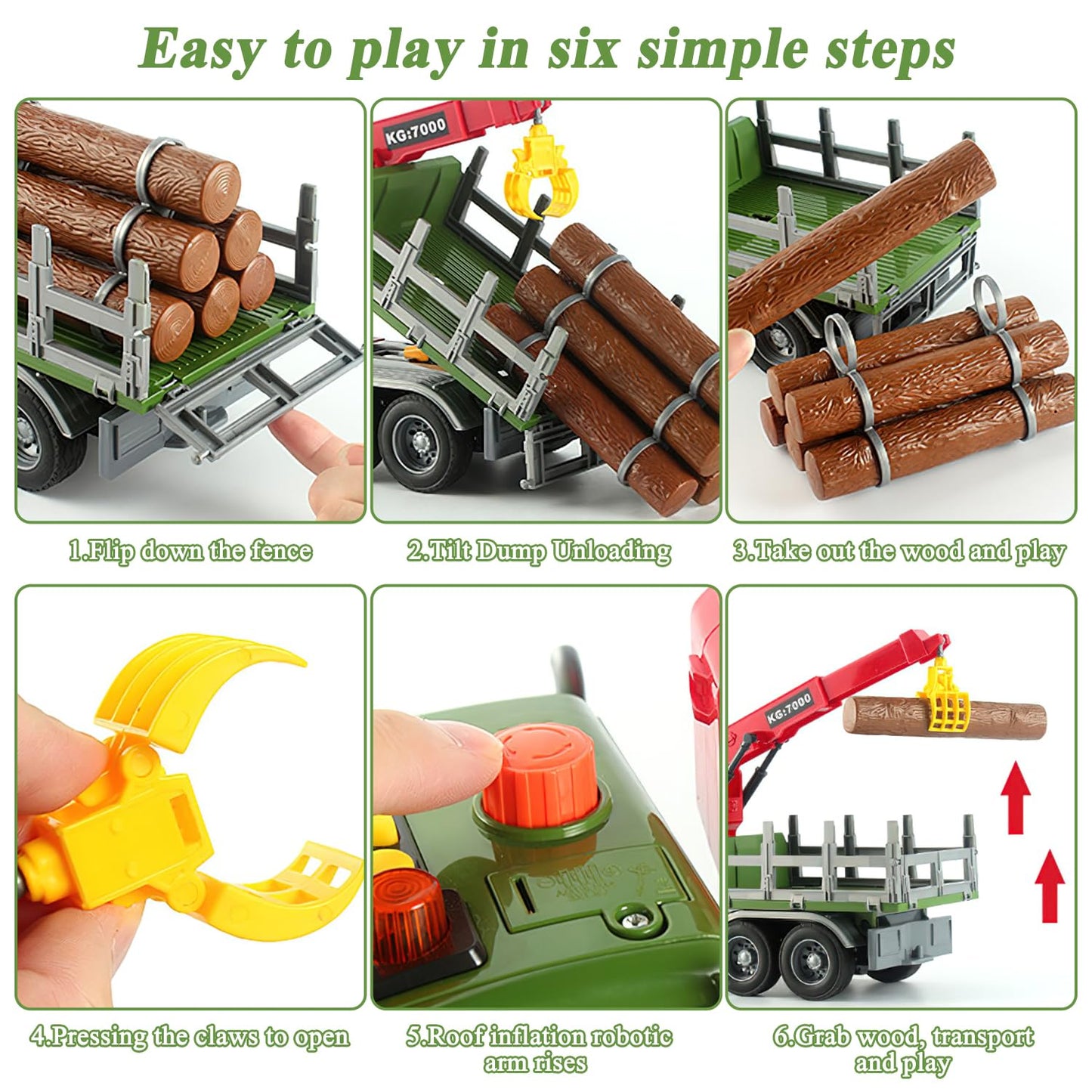 Mostop Logging Truck Toy for Kids, 15'' Yellow Plastic with Crane & 6 Trunks, Friction Powered, Model 666-80P, Perfect Birthday Gift