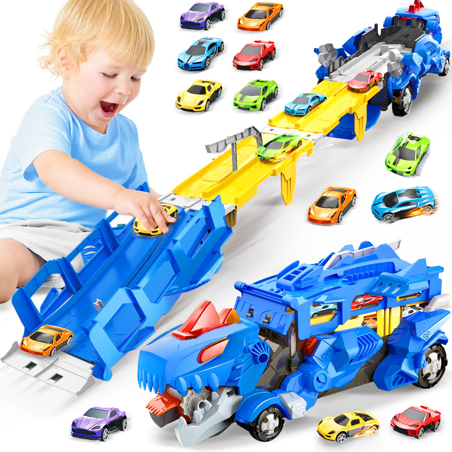 Dinosaur Toys for Kids 3-5, Dinosaur Truck with 6 Cars Toys, Car Track Set, Birthday Gifts Toys for 3 4 5+ Year Old Boys Girls, 