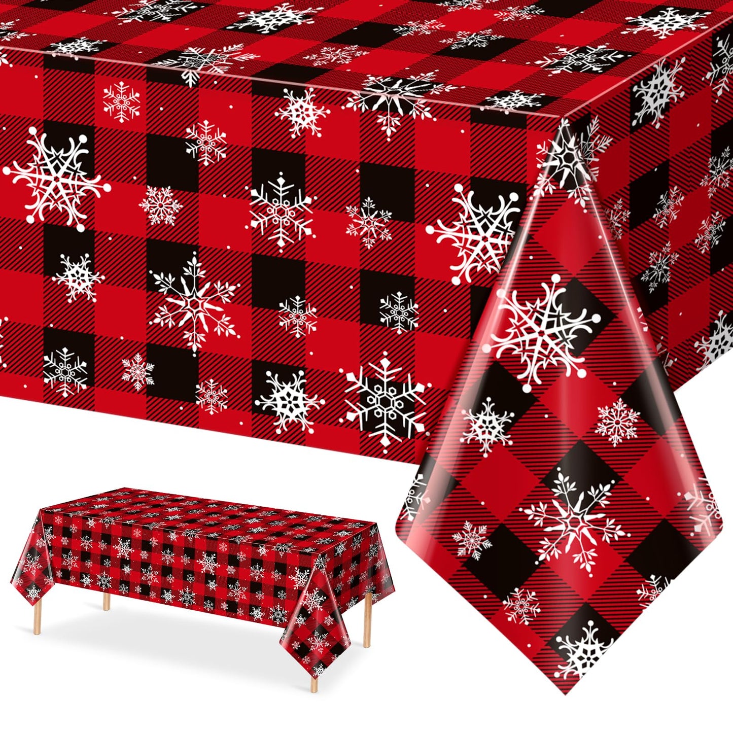 1 Pieces Red and Black Buffalo Plaid Merry Christmas Party Tablecloth Decorations,Plastic White Snowflake Buffalo Plaid Sign Tab
