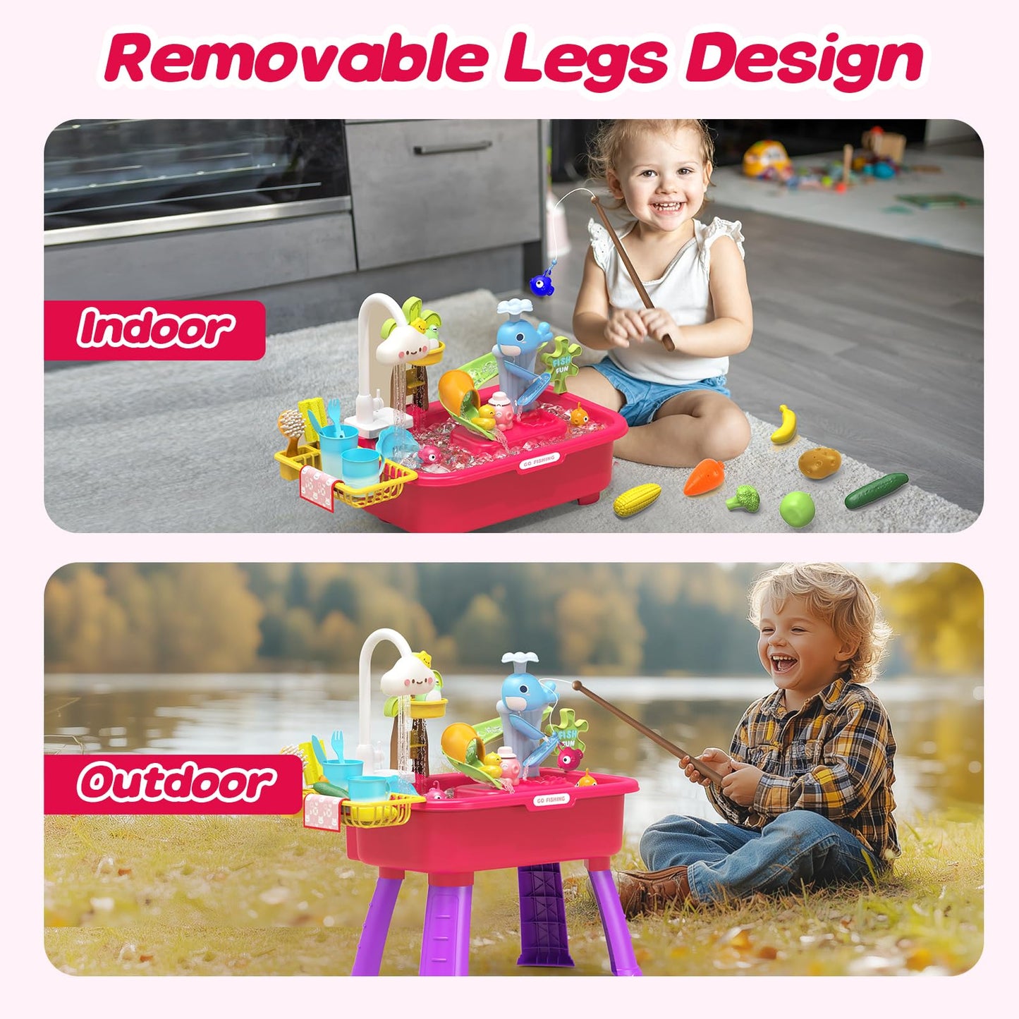 Color Changing Kitchen Play Sink Toys with Running Water for Kid,Electric Dishwasher Playing Toy with Animals, Food, Tableware A