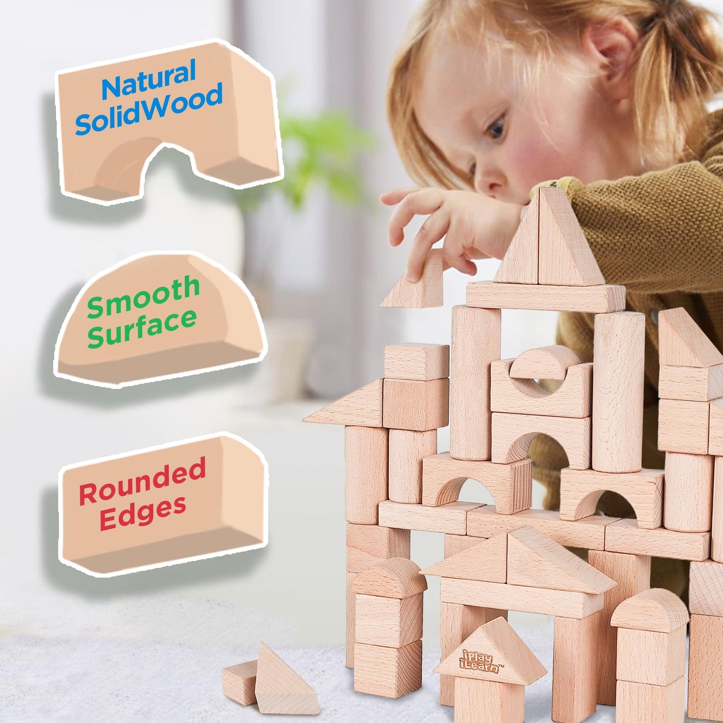 Iplay, Ilearn Kid Wooden Building Block Set, Toddler Natural Wood Block Montessori Learning Toy, Large Hardwood Stacking Brick Castle Unit, Preschool Classroom Gift 2 3 4 5 6 8 Year Old Boy Girl Child