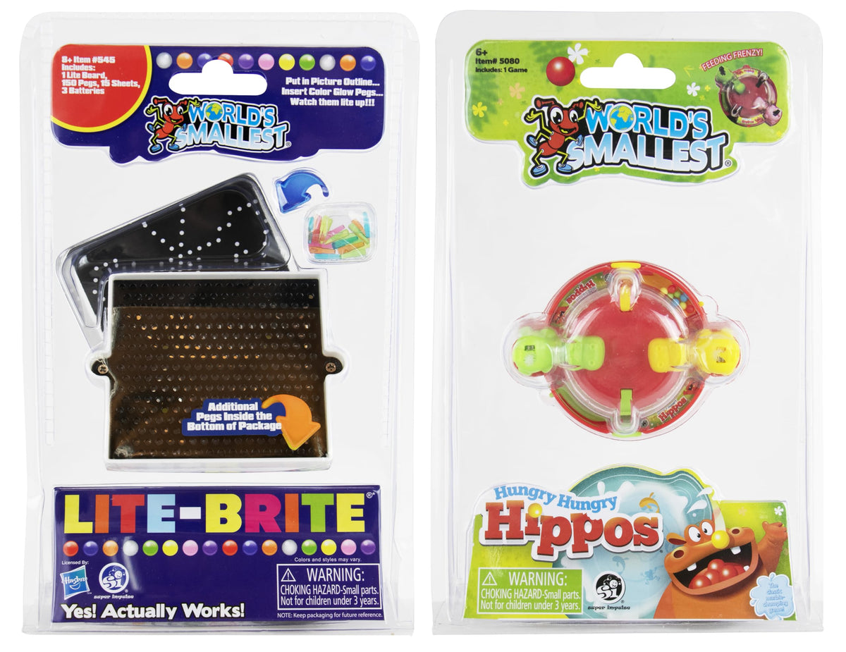 Worlds Smallest LiteBrite & Hungry Hungry Hippos Mini Game Set of 2, Ages 8+