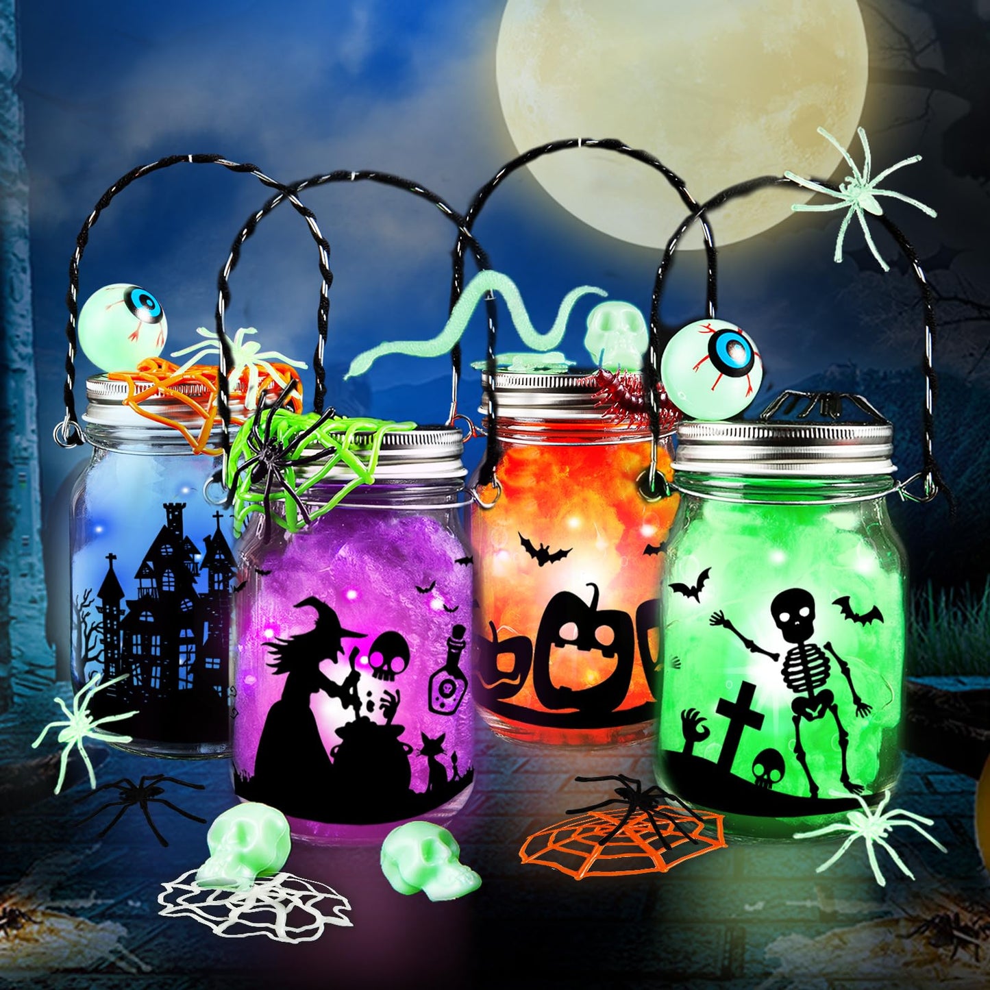 Halloween Mason Jar DIY Lantern Kit for Kids - 4 Pcs Glass Jars With Accessories, Art & Craft Party Supplies, Activities