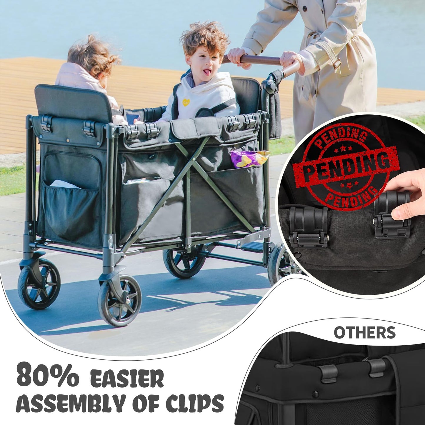 Easyego Stroller Wagon For 2 Kids With Rain Cover, Foldable Wagons Carts Featuring High Seats With 5-Point Harnesses, Easy-Acces