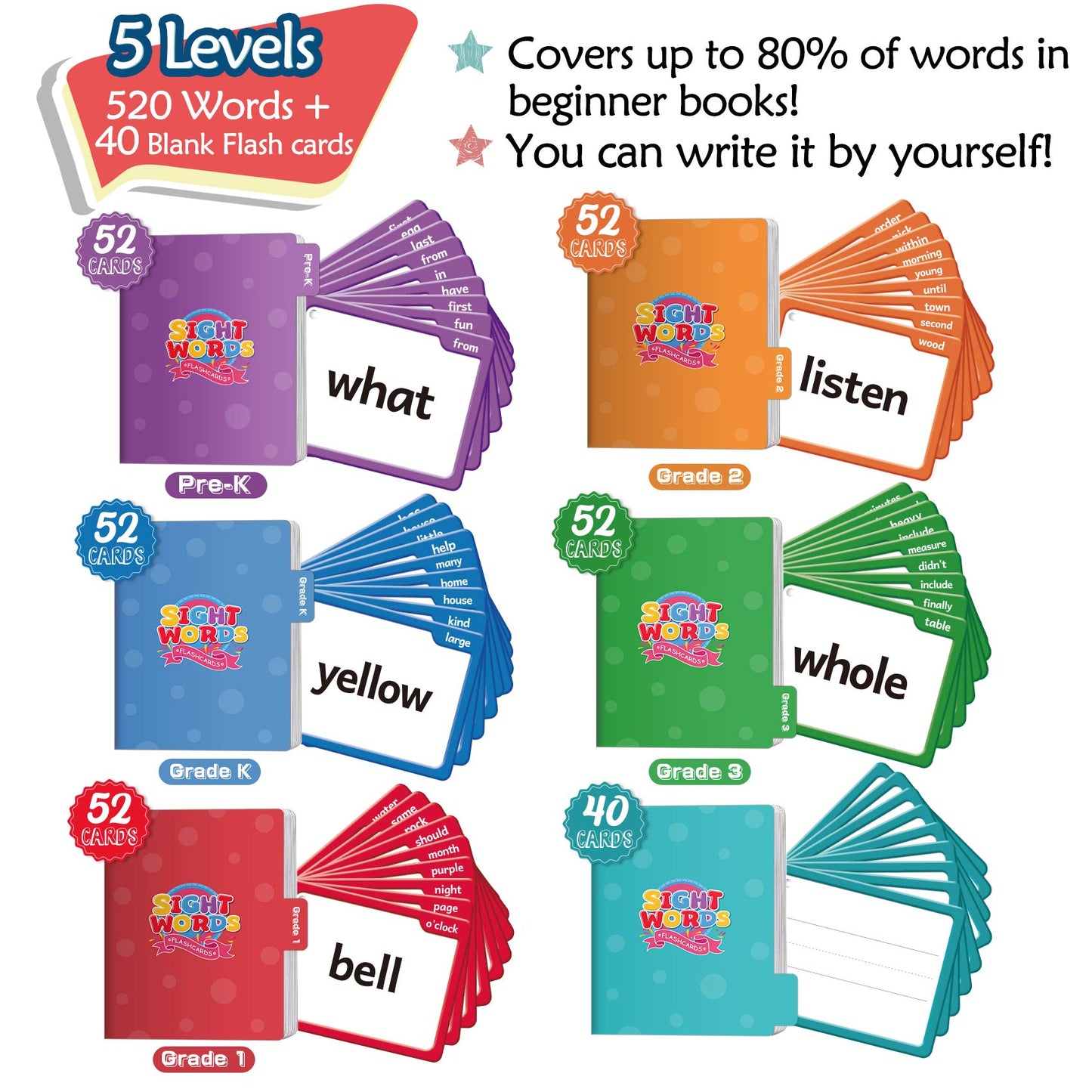Torlam Sight Words Flash Cards - High Frequency for Pre-K to 3rd Grade, Large Cardstock with Folders & Rings