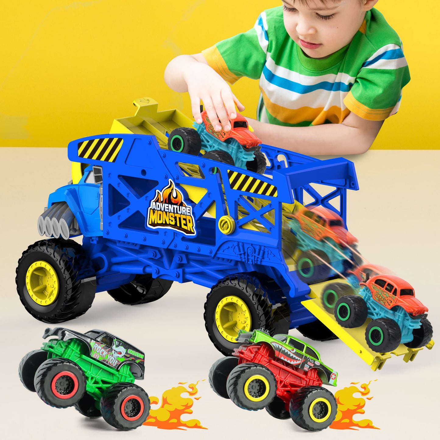 KARMOUNT Monster Trucks Hauler with 3 Mini Trucks, Blue, Plastic, Model SQ86002-1, Gift for Kids 3 Years & Up