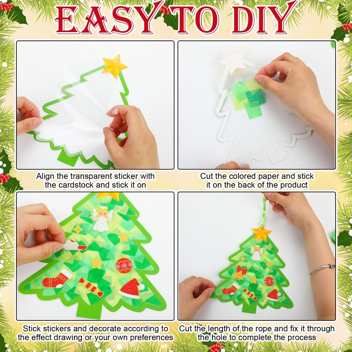 DoubleFill 48 Sets Christmas Tree Suncatchers Craft Kit Xmas Ornaments Stained Glass Christmas Window Crafts Kit for Classroom H