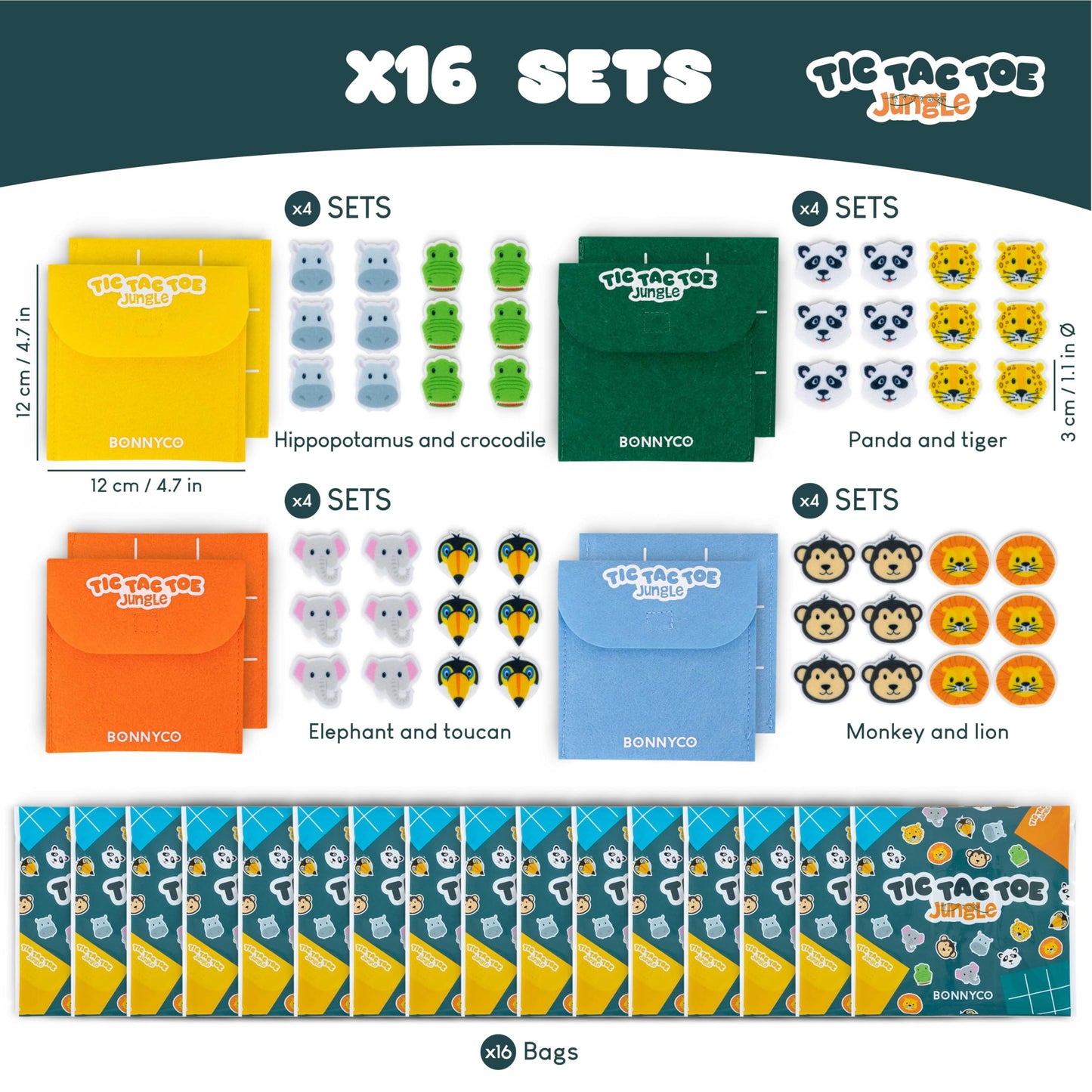 BONNYCO Tic Tac Toe Game Pack 16 Jungle Animals Kids Party Favors Safari Goodie Bags Stuffers for Kids 3-5 4-8, Goody Bag Stuffe