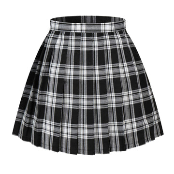 Women`S Plaid Flared British High School Pleated Skirts (4Xl,White Black)