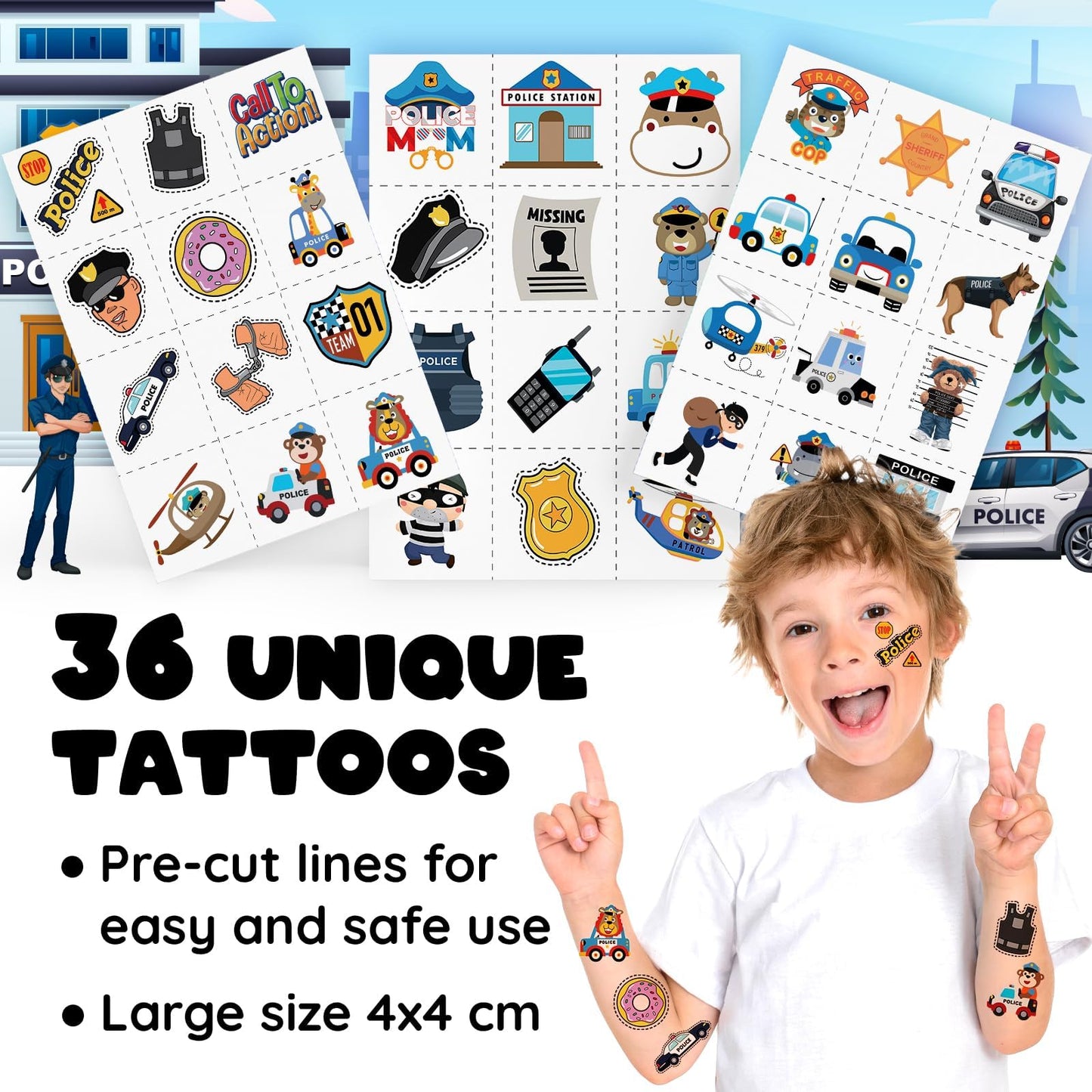 60 PCS Police Party Favors Set - 36 Temporary Tattoos Sticker & 24 Slap Bracelets for Kids, Perfect for Birthday Parties, Classr