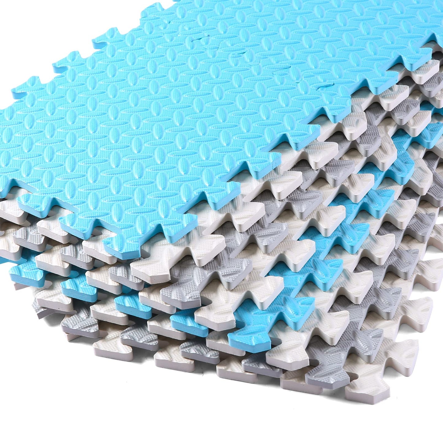 Tamiplay Foam Floor Mats For Kids, 12 X 12 Inch 16 Tiles 0.4' Thickness Foam Play Mat, Non-Toxic Square Interlocking Floor Mats Rubber Baby Play Mat For Toddlers(White/Gray/Light Blue)