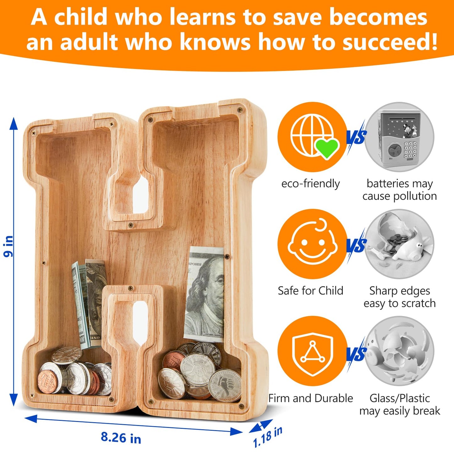 Wooden Letter Piggy Bank for Kids  Initial Coin Bank for Boys and Girls  First Name Personalized Savings Bank for Birthday Boys Girls Gift Piggy Bank for Kids (Wood  S9-H)