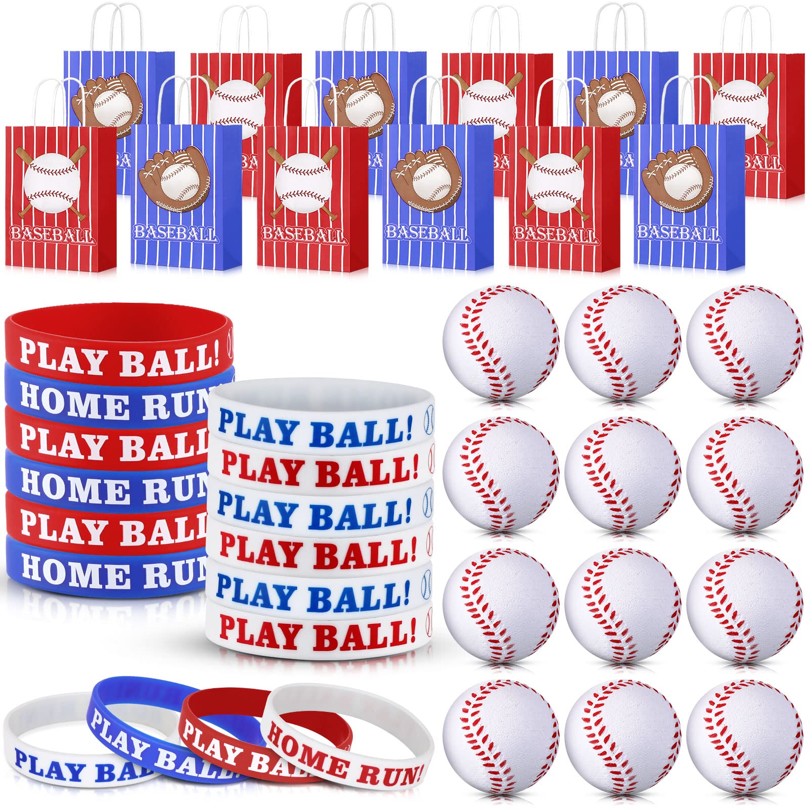 Mtlee Baseball Party Favors - 36 Pieces Set Includes 12 Paper Bags, 12 Silicone Bracelets, 12 Mini Foam Baseballs