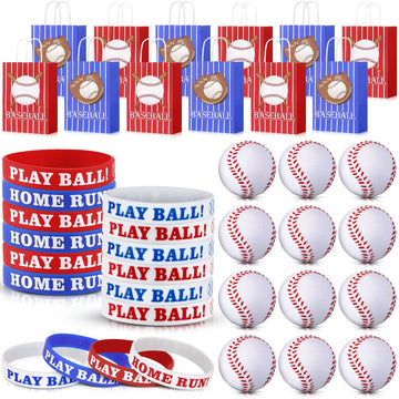 Mtlee Baseball Party Favors - 36 Pieces Set Includes 12 Paper Bags, 12 Silicone Bracelets, 12 Mini Foam Baseballs
