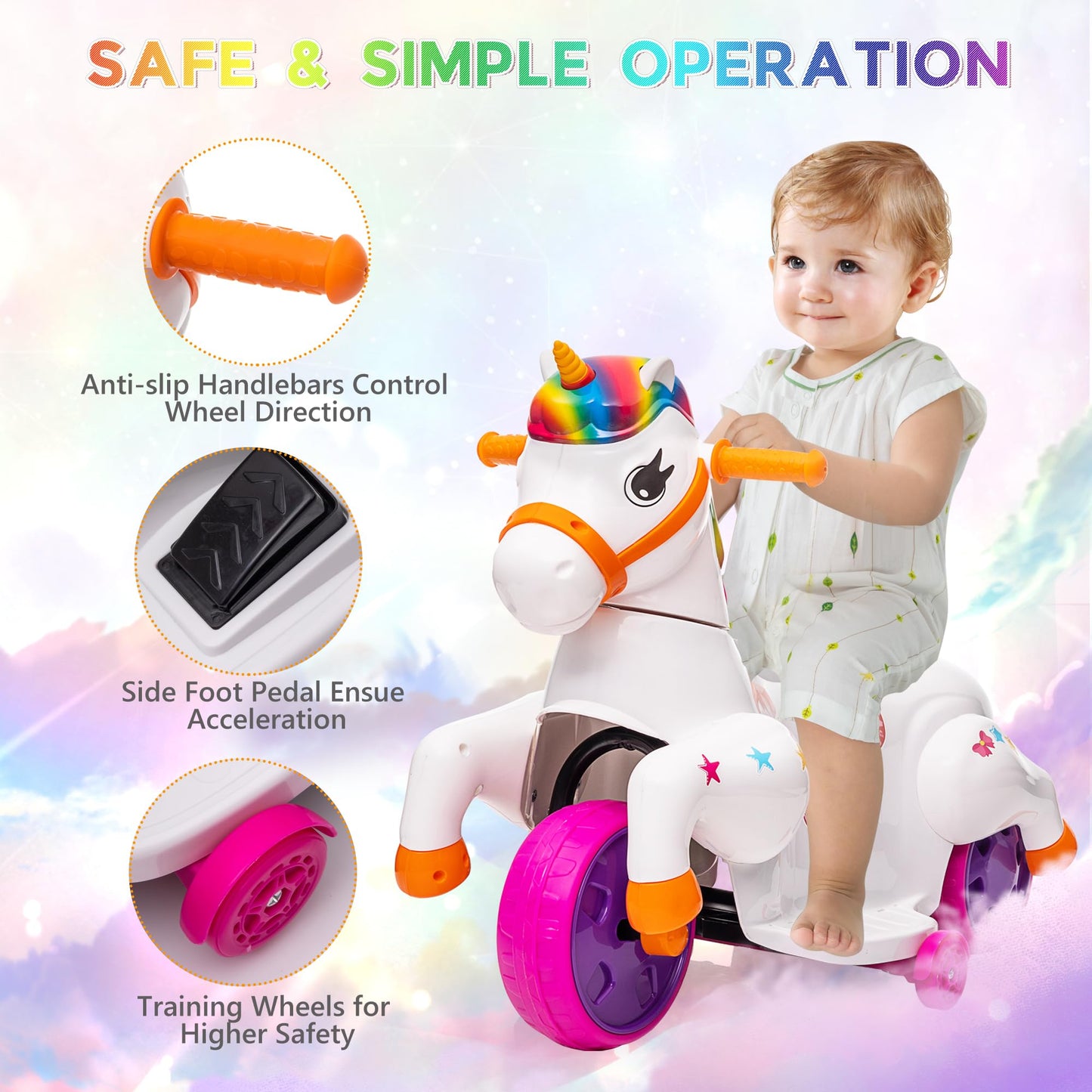 Ride On Toy Toddler Riding Toys Tobbi Ride On Unicorn Toys For Girls Boys 3-Wheel Battery Powered Motorcycle Kids' Electric Vehi