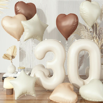Cream 30 Balloons Decor, Beige Nude Apricot Brown Tan Foil Star Heart Balloons, 40'' White Sand Helium Neutral Number 30 Balloon