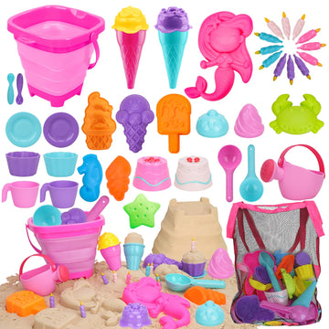 TOY Life 41 Pcs Beach Toys Collapsible Sand Toys Toddlers with Silicone Bucket Shovels & Sand Castle Building Kit Molds, Sandbox