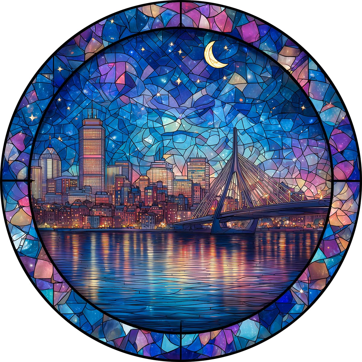 Bgraamiens 1000 Piece Jigsaw Puzzles for mature-themeds - Stained Glass Boston Skyline - Moonlit City View with Bridge and Reflections - Artistic Nighttime Challenge Gift