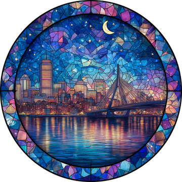 Bgraamiens 1000 Piece Jigsaw Puzzles for mature-themeds - Stained Glass Boston Skyline - Moonlit City View with Bridge and Reflections - Artistic Nighttime Challenge Gift