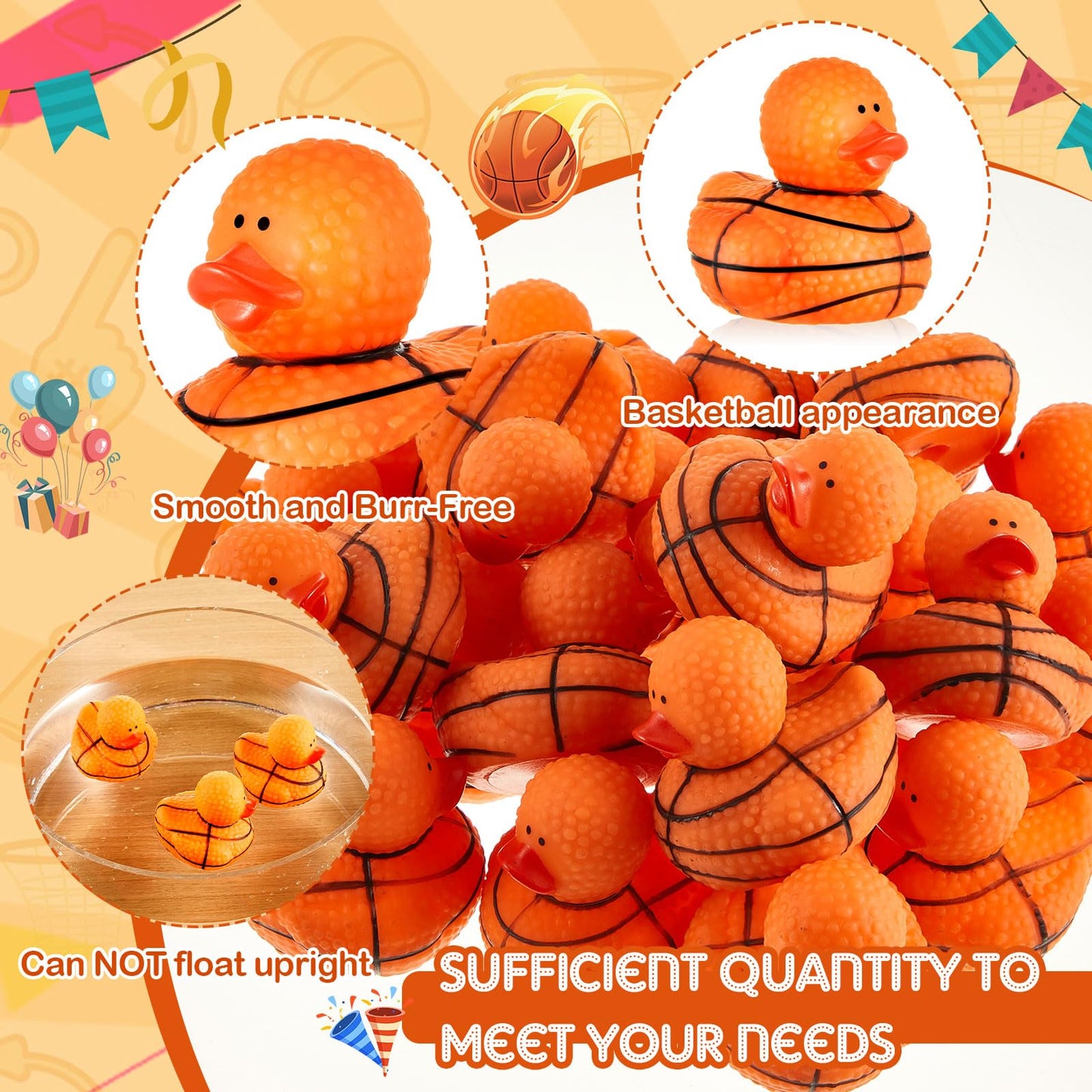 DEEKIN 24 Pcs Basketball Middle Rubber Ducks 2 Inch Sports Themed Rubber Ducks for Party Favors Sports Events Summer