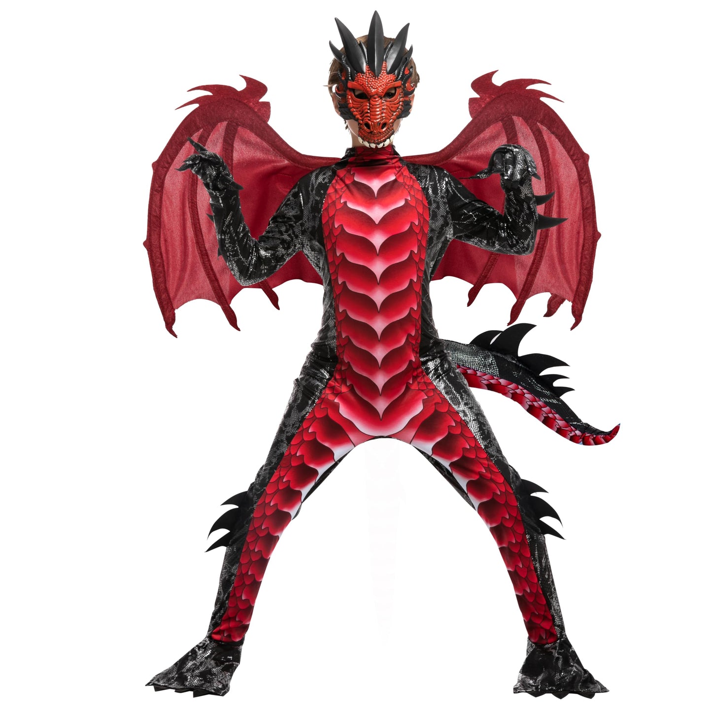 Spooktacular Creations Halloween Kids Red And Black Dragon Costume, Boys Dragon Wings, Tail And Mask Set For Halloween Dress Up-L(10-12Yr)