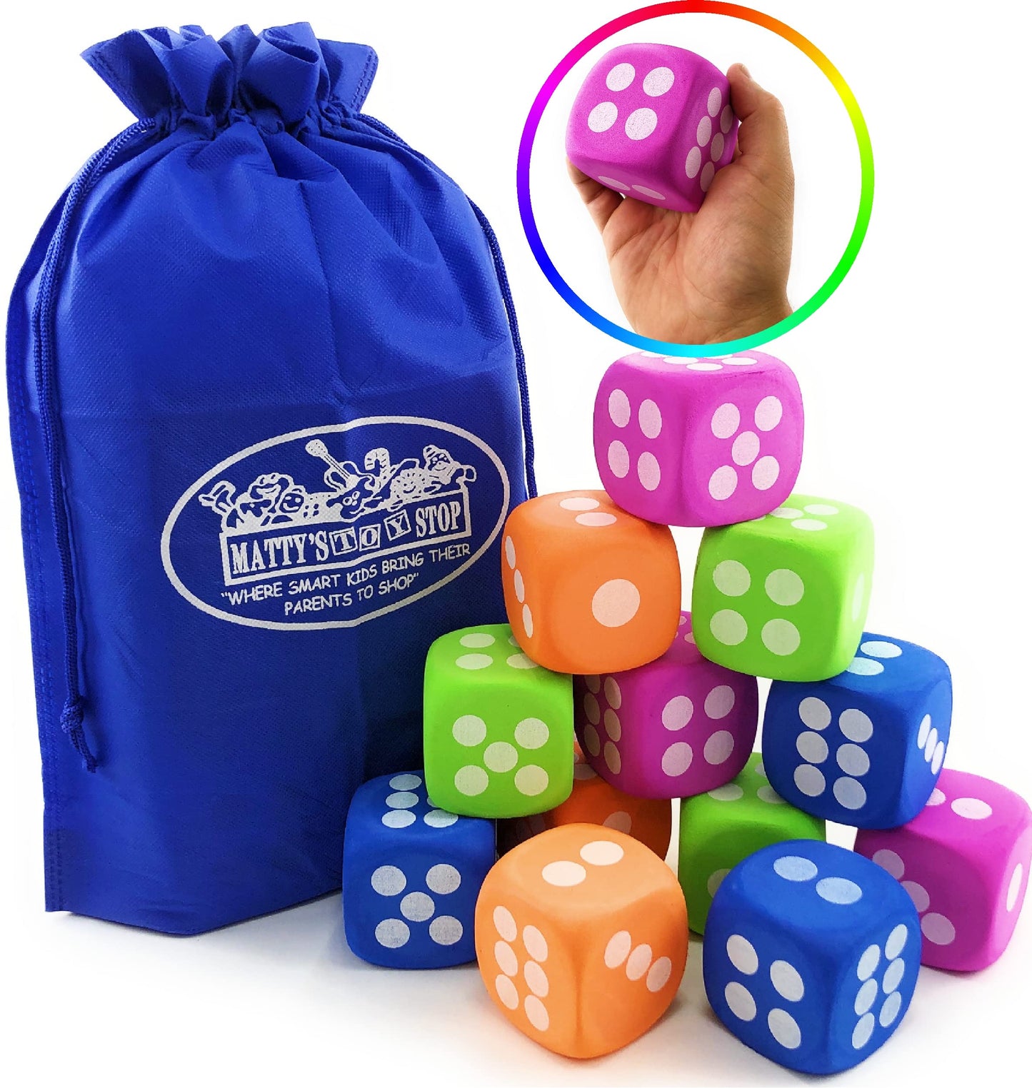 Deluxe Large 2.25 EVA Foam Dice (Pack of 12) with Bonus Mattys Toy Stop Storage Bag