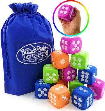 Deluxe Large 2.25 EVA Foam Dice (Pack of 12) with Bonus Mattys Toy Stop Storage Bag