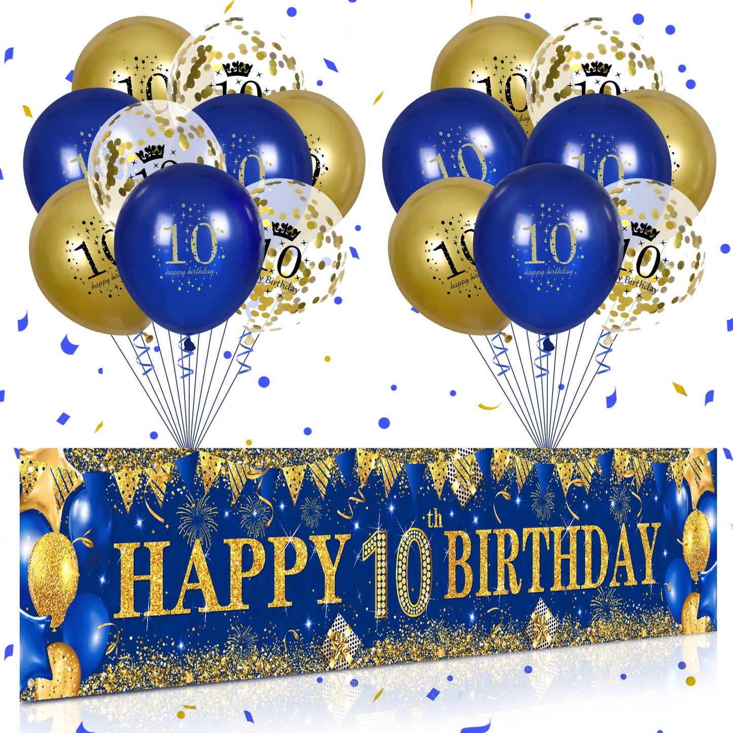 10Th Birthday Decorations For Little Kids Boys Girls Blue And Gold, Navy Blue Gold Birthday Party Yard Banner 18Pc Happy Birthday Balloon For 10Th Anniversary Birthday Christmas Supplies Outdoor Decor
