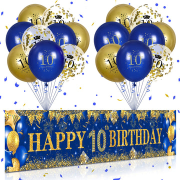 10Th Birthday Decorations For Little Kids Boys Girls Blue And Gold, Navy Blue Gold Birthday Party Yard Banner 18Pc Happy Birthday Balloon For 10Th Anniversary Birthday Christmas Supplies Outdoor Decor