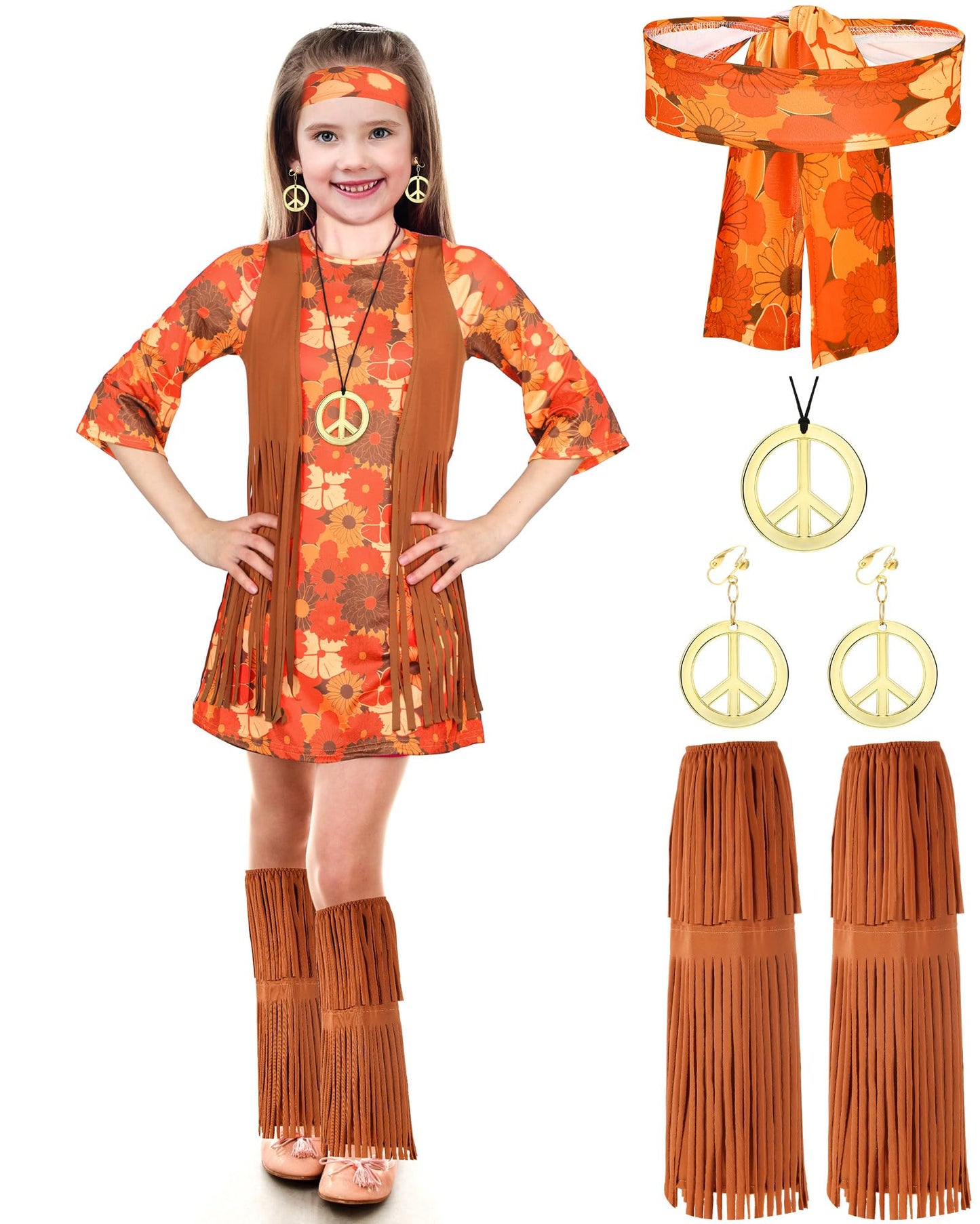 Haysandy Kids Hippie Costume Set 60S 70S Hippie Dress Peace Sign Party Accessories For Carnival Halloween Cosplay Party(Stylish Style,L)