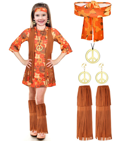 Haysandy Kids Hippie Costume Set 60S 70S Hippie Dress Peace Sign Party Accessories For Carnival Halloween Cosplay Party(Stylish Style,L)
