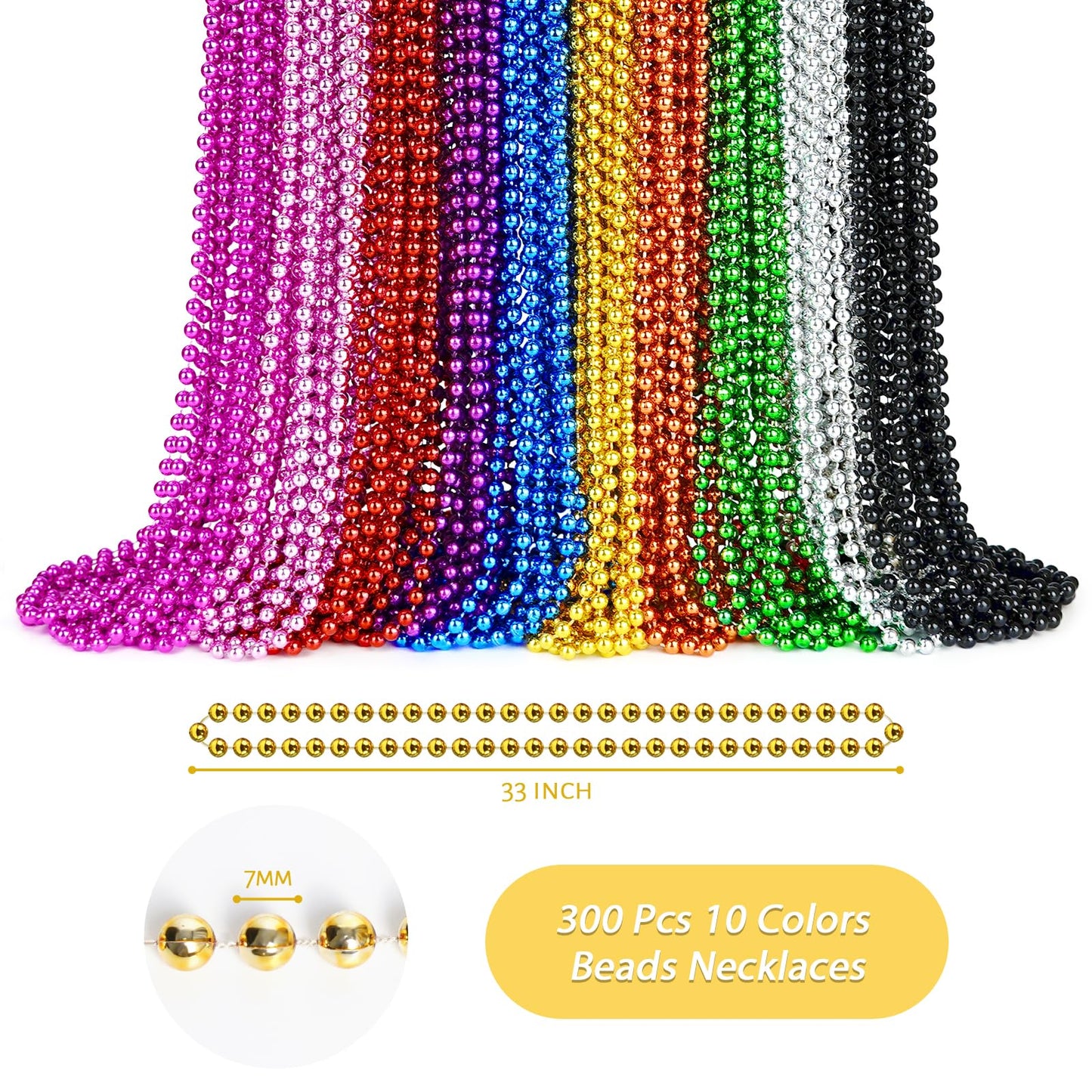 Zyflsq 300 Pcs Mardi Gras Beads Necklaces Bulk, 33'' 7Mm Multi Colors Metallic Beaded Necklaces For Party Costume Necklaces