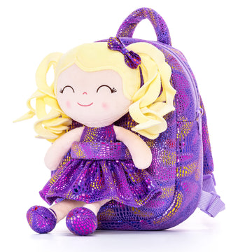 Gloveleya Kids Backpack Toddler Backpack Baby Girl Gift Plush Bag Diaper Bag Glitter Purple Dress Curly Hair Doll Backpack 9'