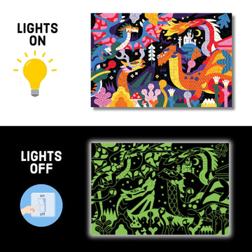 Mudpuppy Dragons - 100 Piece Glow In The Dark Jigsaw Puzzle With A Fantastical Scene Of Fire Breathing Dragons And Hidden Mediev