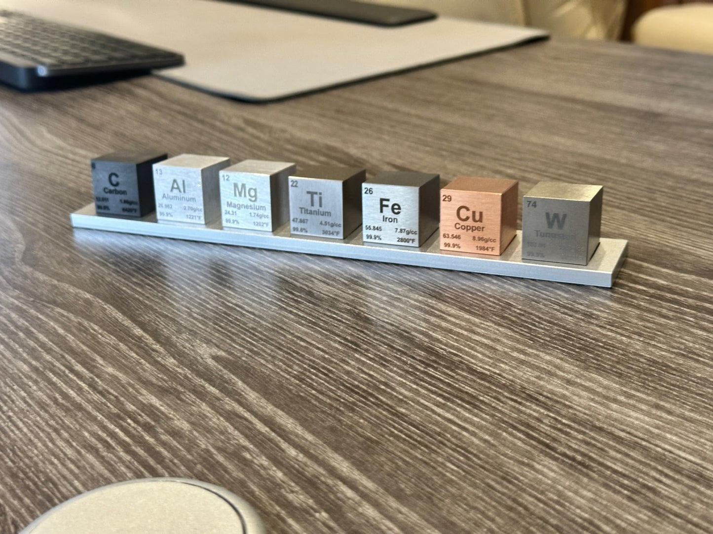 1 Element Cube Set - 7 Pure Metal Density Cubes with Engraved Atomic Data - Precision Machined Science Specimens + Display Stand